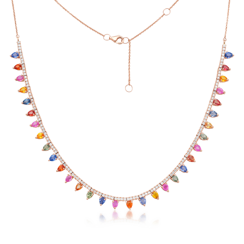 Diamond & Dangling Pear Shape Rainbow Sapphire Tennis Necklace (8.15 ct.) in 14K Gold