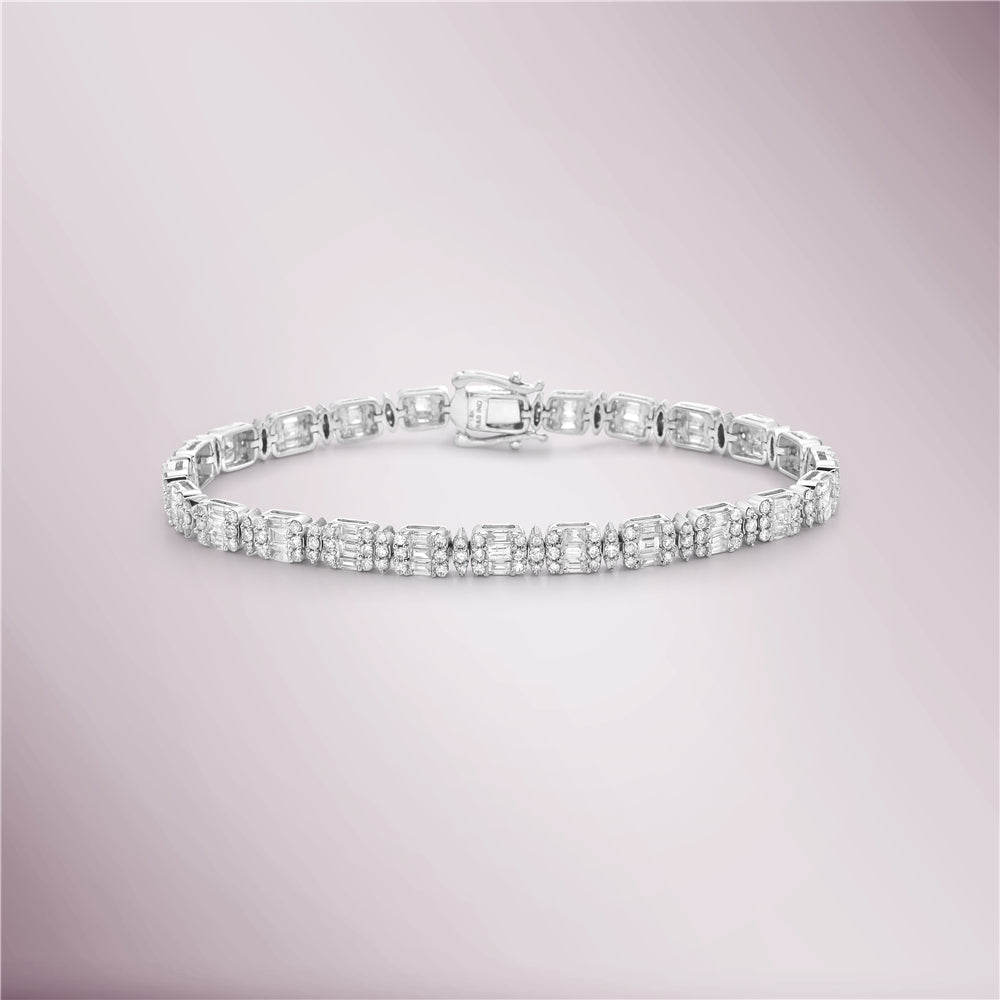 Round & Baguette Diamonds Spaced Rectangular Shape Tennis Bracelet (4.10 ct.) in 14K Gold